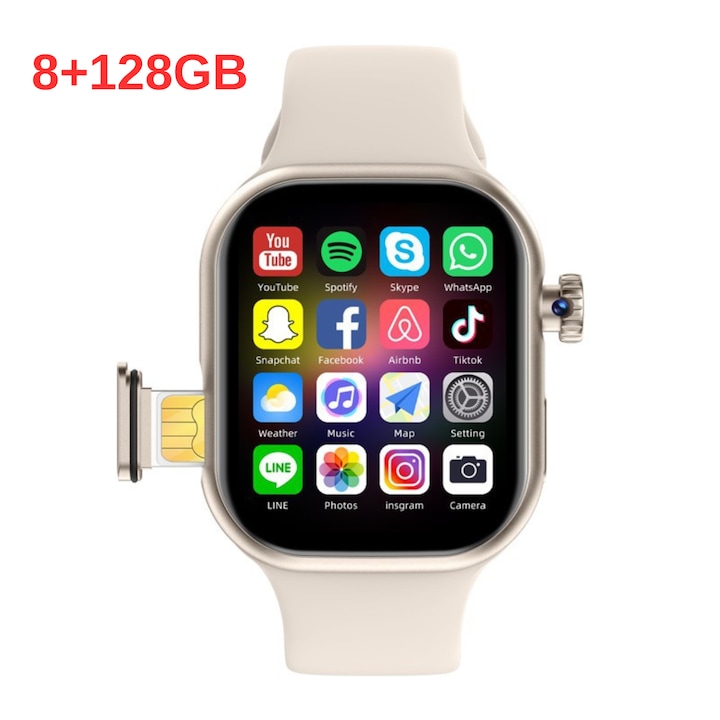 Okosóra Gyermekeknek/Nőknek 4G/5G LTE SIM Watch Phone Medeyatech, HD videóhívás, GPS navigáció, WiFi kamera 2 Mpx, IP67, Android, Közösségi alkalmazások, TikTok, Facebook, Whatsapp, Youtube, 8+128GB memória, Pulzusszám, Vér oxigén, Vérnyomás, Fehér