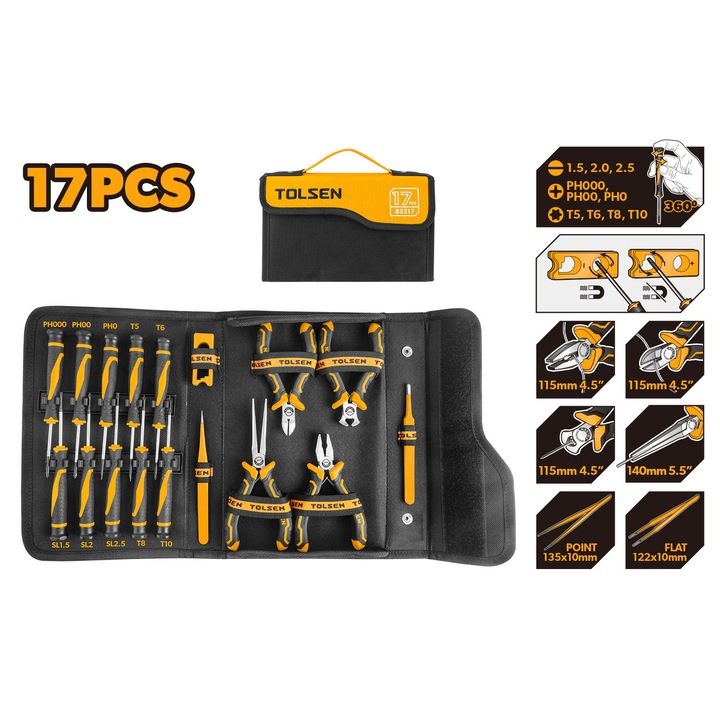 Комплект инструменти за прецизност TOLSEN 17 части, мини клещи, прецизни отвертки, антистатични пинсети от неръждаема стомана, магнетизатор, устойчива платнена чанта, идеален за електроника, фини ремонти и деликатни работи