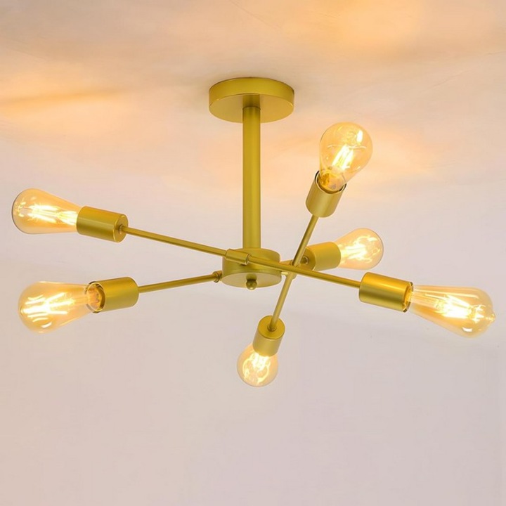 Vintage csillár, fém, 6x E27, ipari stílus, Arany