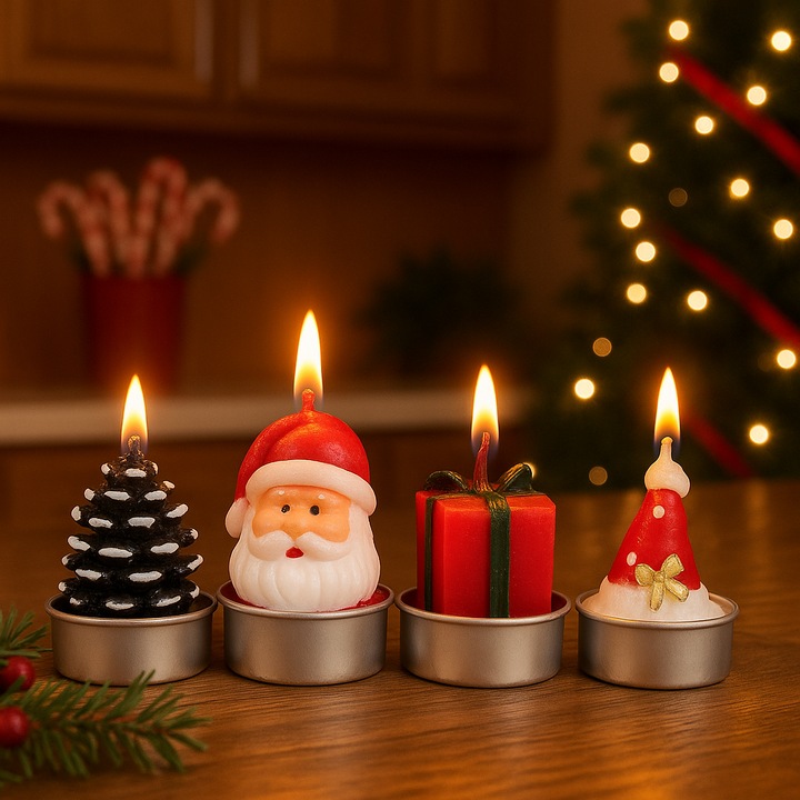 Set 4 lumanari de Craciun, Con, Mos Craciun si Cadouri, 5 x 7 cm, Rosu/Alb