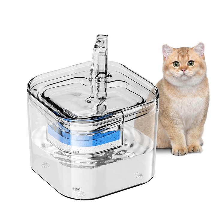 Fontana pentru apa pentru animale de companie 2.2L, doua moduri de curgere, capacitate mare, plastic, 165x165x155mm, set cu 8 filtre