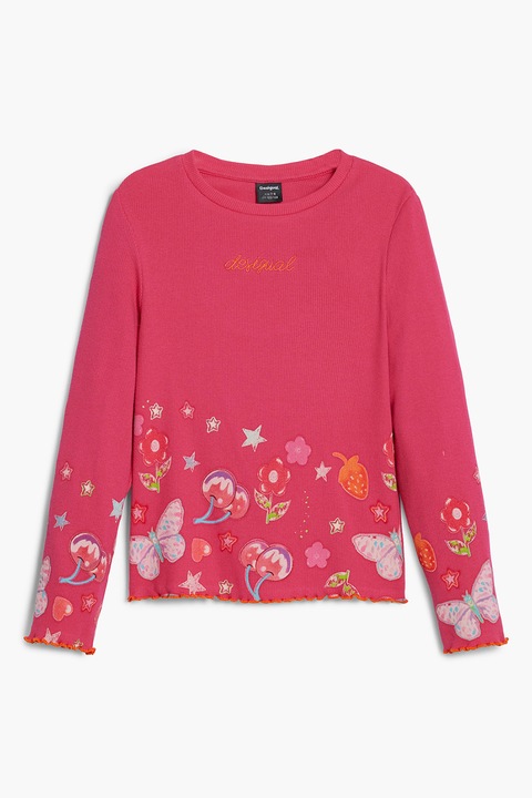 DESIGUAL, Bluza din amestec de bumbac cu decolteu la baza gatului, Roz