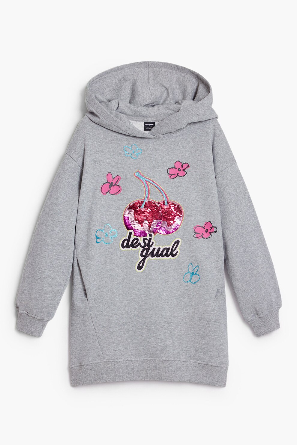 DESIGUAL, Rochie cu imprimeu si gluga, Gri deschis melange, 152 CM