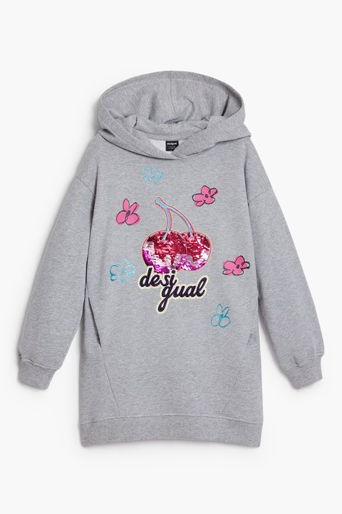 DESIGUAL, Rochie cu imprimeu si gluga, Gri deschis melange