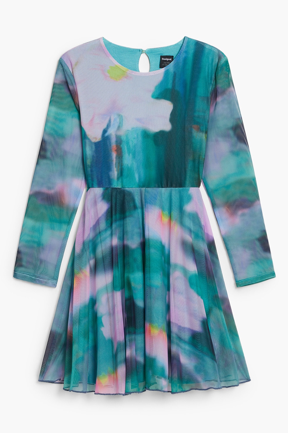 DESIGUAL, Rochie mini cu maneci lungi si model tie-dye, Verde persan, 128 CM