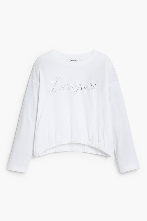 DESIGUAL, Bluza cu detaliu cu strasuri si decolteu la baza gatului, Alb