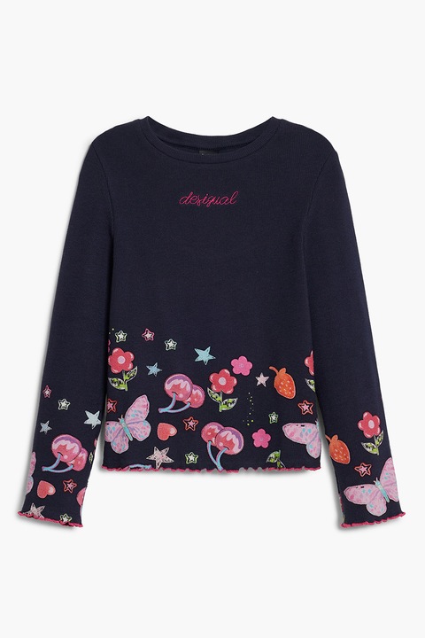 DESIGUAL, Bluza din amestec de bumbac cu decolteu la baza gatului, Albastru ultramarin