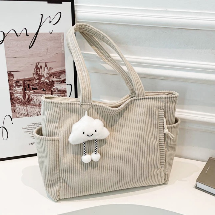 Дамска ретро чанта от рипсено кадифе, с много джобове, голям капацитет и издръжливост, чанта за рамо, Бежов, 37x26x15cm