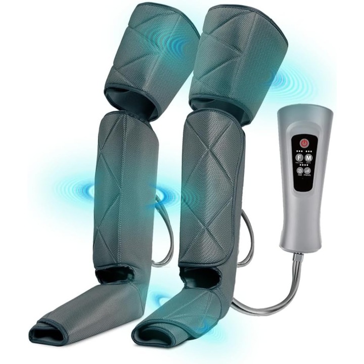 Масажор за крака, 6 режима на масаж, 4 нива на интензивност, въздушна компресия, функция затопляне, автоматично изключване, масаж на прасци, бедра, за подобряване на кръвообращението и релаксация, дистанционно управление, сив