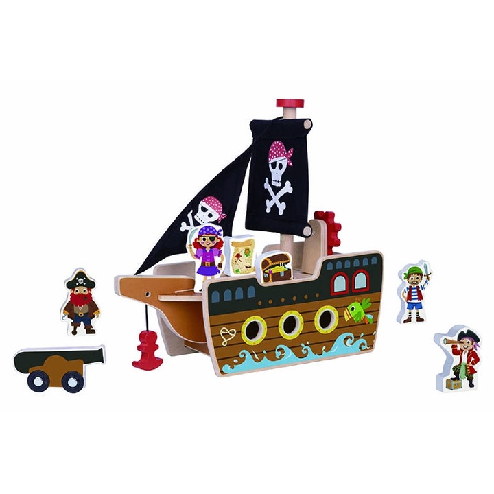 Fa kalózkincsesláda figurákkal, Mamido, 30x25x15cm, 3 éves gyermekeknek, szett