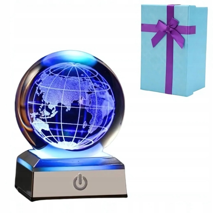Lampa De Noapte, Glob De Sticla Cu Motivul Pamantului, Multicolor, 8x5.5x3 cm, Alimentare Prin Usb Sau Baterii 3X Aaa, Buton Tactil Pentru Selectarea Stilului De Iluminare, Glob Transparent Cu Baza Argintie, Cutie De Cadou