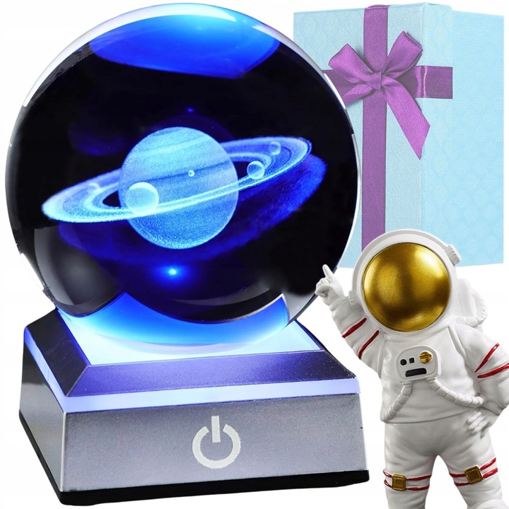 Lampa De Noapte, Glob De Sticla Cu Motiv Saturn, Multicolor, 5.5x3x8 cm, Alimentare Prin Usb Sau Baterii 3X Aaa, Buton Tactil Pentru Selectarea Stilului De Iluminare, Glob Transparent Pe Suport Argintiu, Cutie De Cadou