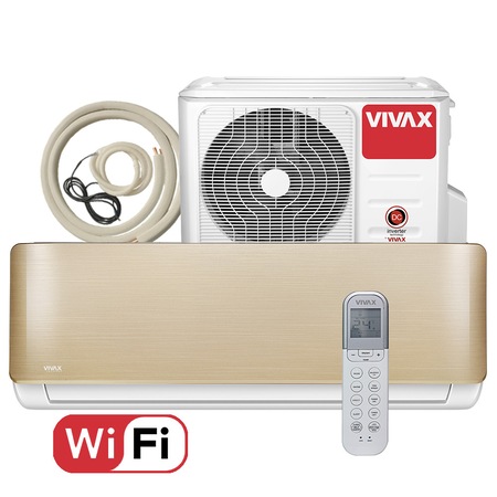 Aer conditionat Vivax ACP-12CH35AERI GOLD R-Design Wi-Fi, Kit de instalare inclus, Inverter, 12000 BTU/h, Clasa A++, Ionizator, I feel, Autodiagnoza, Autocuratare, Autodetectie scurgeri freon, filtru Bio, filtru Anti-Praf, ECO-Mode