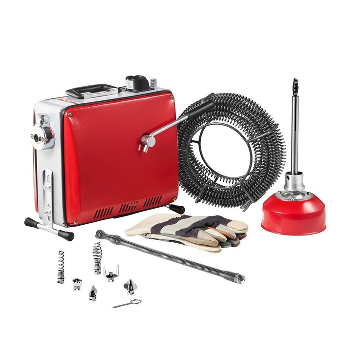 Машина за отпушване на тръби, Електрическа, Професионална, 6 x режещи глави, 400 W, 2 x спирали 12 м x 16 мм/0.4 м x 12 мм, за тръби с диаметър 50-110 мм