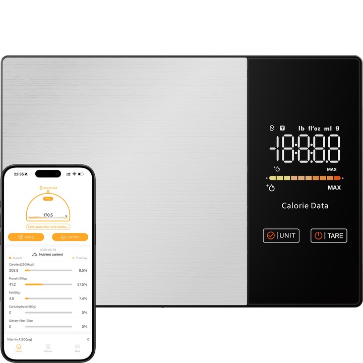 Смарт кухненска везна Innovify™ WeightSense, анализ на калории и 24 хранителни показателя, над 1500 храни, дигитален дисплей, приложение, съвместимо с iOS/Android, подходяща за течности, повърхност от неръждаема стомана, Сребриста