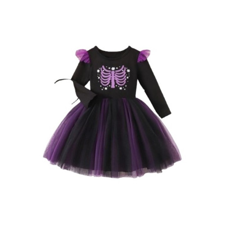 Rochie tutu pentru fete, neagra si mov, cu maneci din plasa, 90cm(3Y), pentru petreceri de Halloween