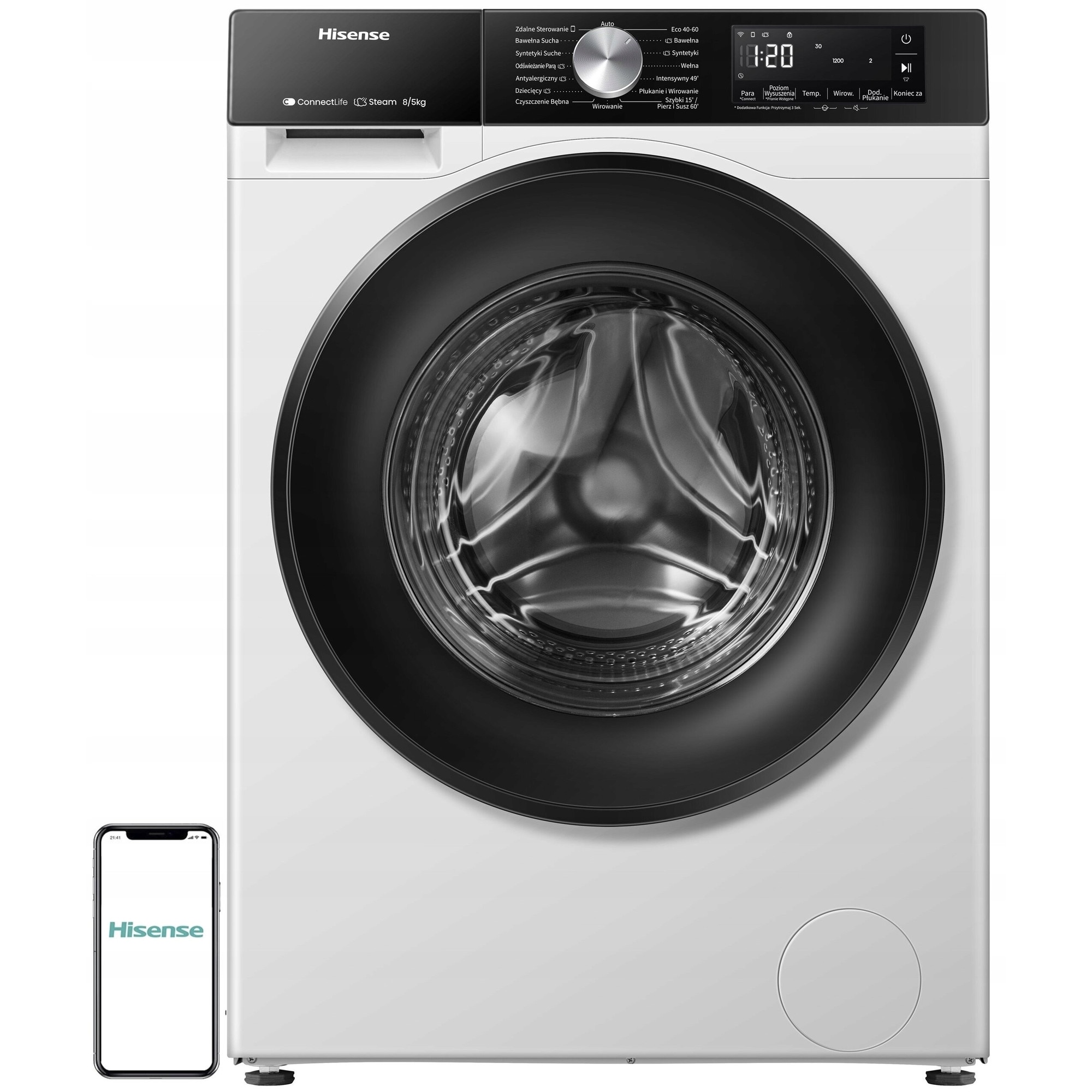 Pralko-suszarka Hisense WD3S8043BW3/PL, 8kg, 5kg, alb, 51x59.5x84.5cm