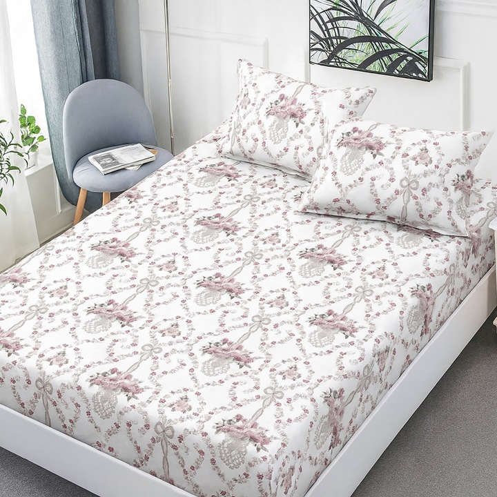 Комплект спално бельо Finet Elegance + 2 калъфки за възглавници за матрак 160x200 см, Цветя, HF2FP98