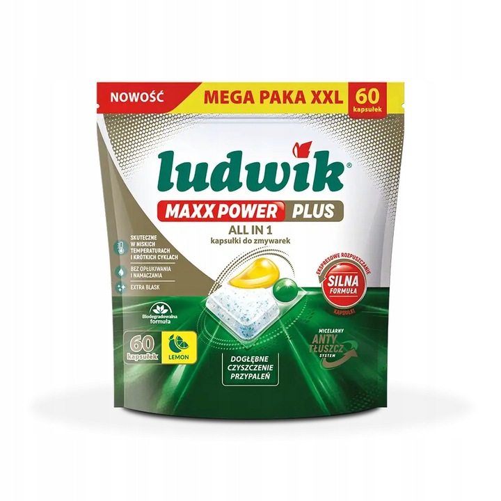 Ludwik MAXX POWER PLUS LEMON mosogatógép kapszula, 60 darab, biológiailag lebomló formula, mélytisztítás