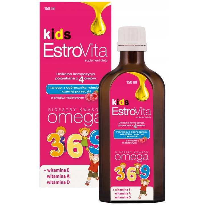 Estrovita Kids gyermek testolaj, 150 ml, omega 3-6-9, málna íz