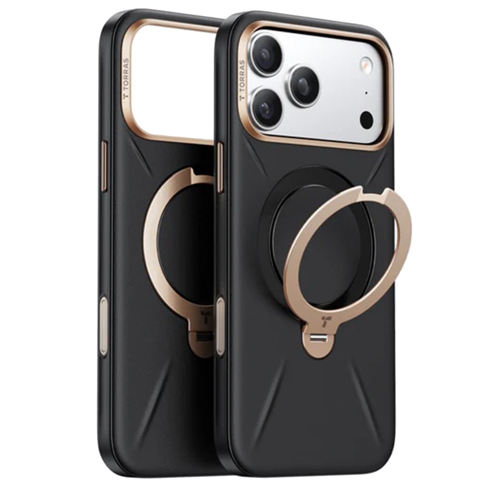 Husa pentru iPhone 17 Pro Max Torras QPRO Leather Series, Piele ecologica, Inel rotativ, Calitate premium, Negru
