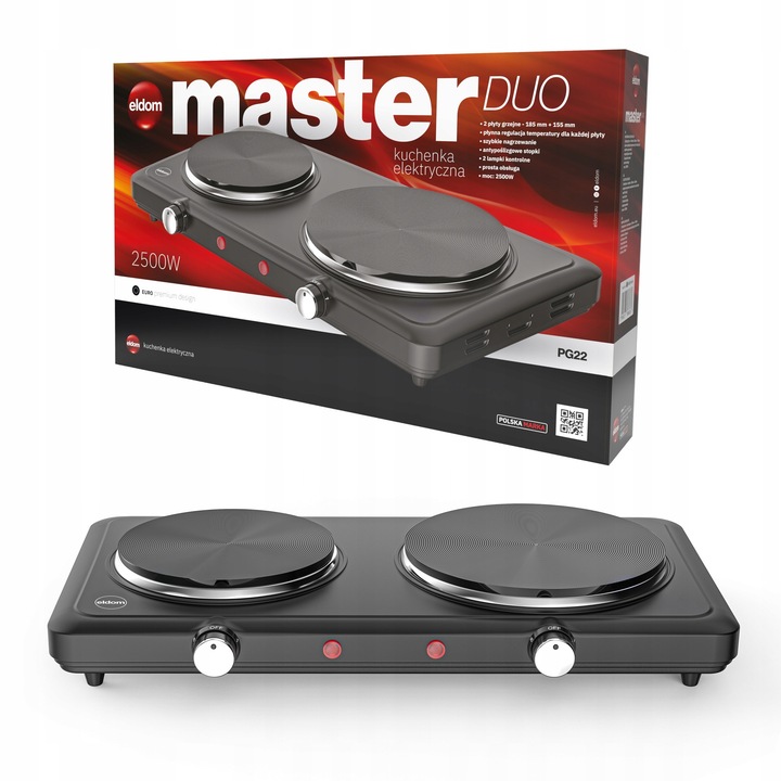 Електрическа готварска печка PG22 MASTER DUO, 2 котлона, 2500W, 185x155мм, подвижна, компактна
