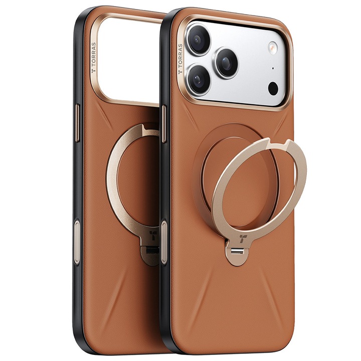Husa de protectie compatibila cu iPhone 17 Pro Max, QPRO Leather Series, cu stand, inel magnetic, Piele ecologica, Maro