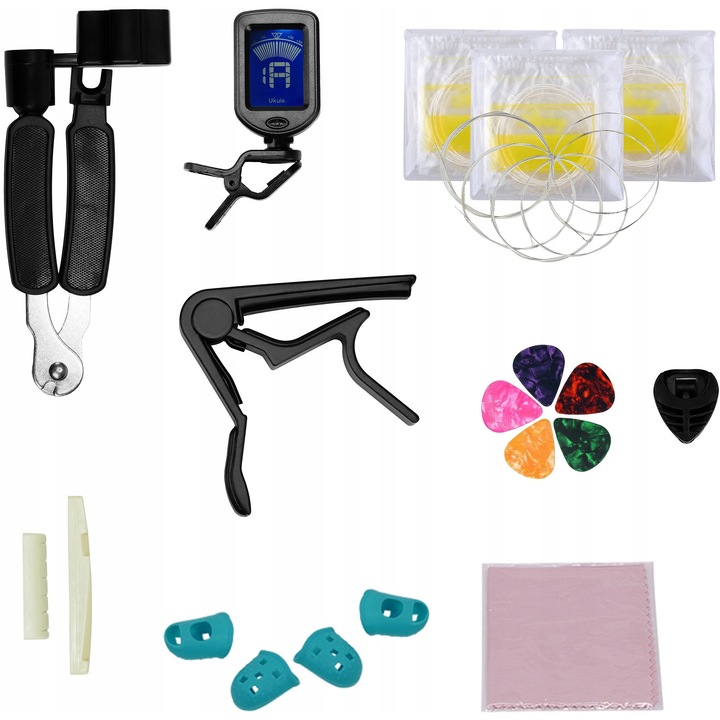 Комплект аксесоари за класическа китара MM-A60 ClassicPack, многоцветен, 3 комплекта струни, електронен тунер, каподастер, 5 перца, напръстници, инструмент за смяна на струни 3 в 1