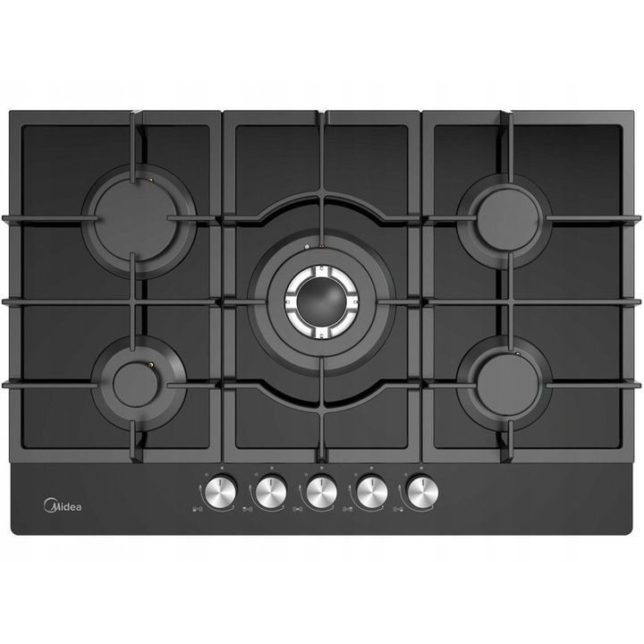Газов котлон MIDEA MG75GQ095AH1B, 5 горелки, черен, 75x51см, стъкло