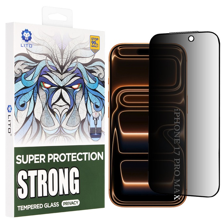 Folie telefon Lito D+ Max Strong Privacy Negru pentru iPhone 17 Pro Max, sticlă securizată