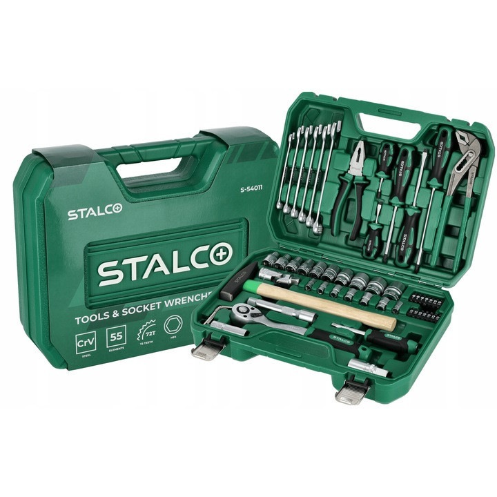 Комплект инструменти Stalco S011100055, 55 части, 1/4" и 1/2", пластмасова кутия