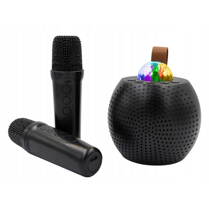 Karaoke szett MusicMate MM-SC150-B, 2 vezeték nélküli mikrofon, énekeffektek, RGB LED, 10,5x10x10cm