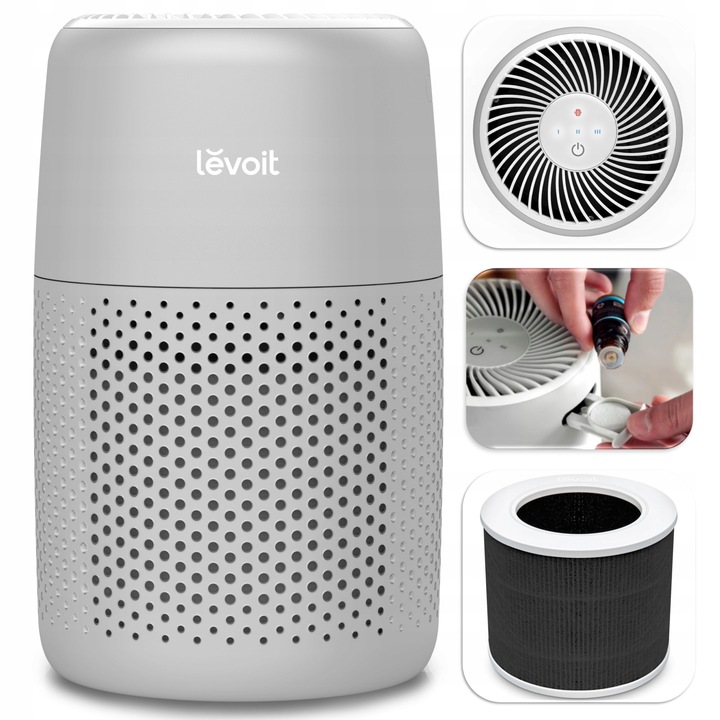 Пречиствател за въздух Levoit Core Mini, 78 м3/ч, тройна филтрация, ароматерапия, сив, 16.4x16.4x26.4см