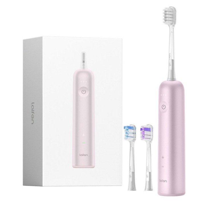 Periuta de dinti electrica, Laifen Wave, З Capete de periaj, autonomie 30-45 de zile, IPX, 66000 de vibratii, Oscileaza la 60°, Indicator baterie LED color, 2 baterii de 900 mAh, cu aplicatie, Aliaj de aluminiu roz