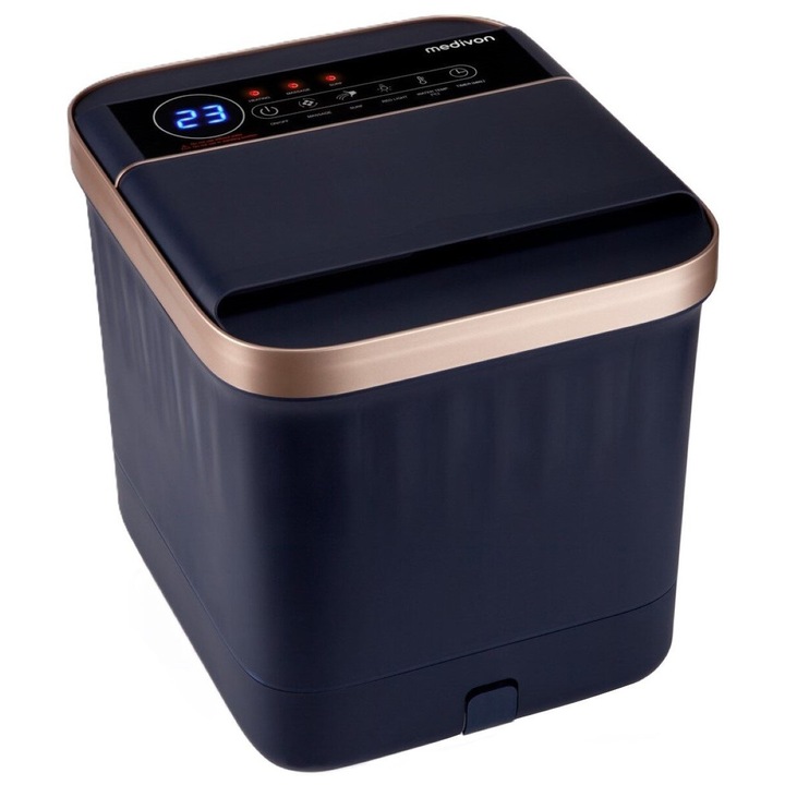 Масажираща вана за крака Medivon Hydro Foot Spa, 520W, 20 л, 35-48°C, Режим сърф, Дистанционно, Инфрачервена светлина, Дисплей, Тъмносин/златист