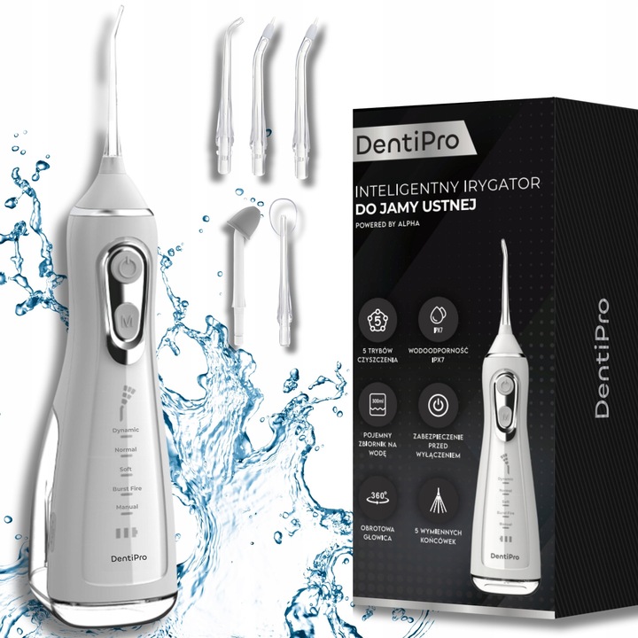 DentiPro szájzuhany, 5 üzemmód, 300 ml kapacitás, fehér, 5 cserélhető fejjel