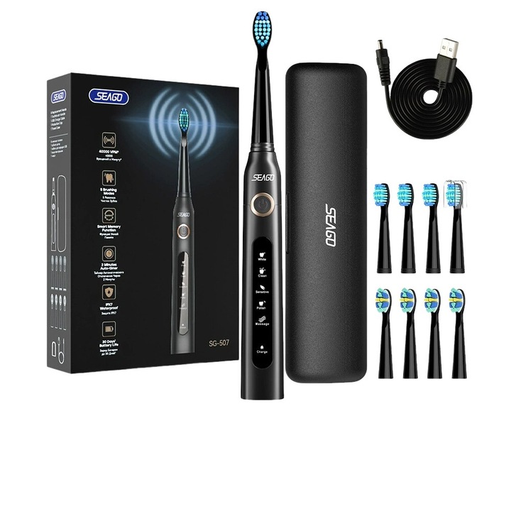 Periuta de dinti electrica, Seago, 8 capete de periuta, 5 moduri de curatare, cu cutie de calatorie, negru