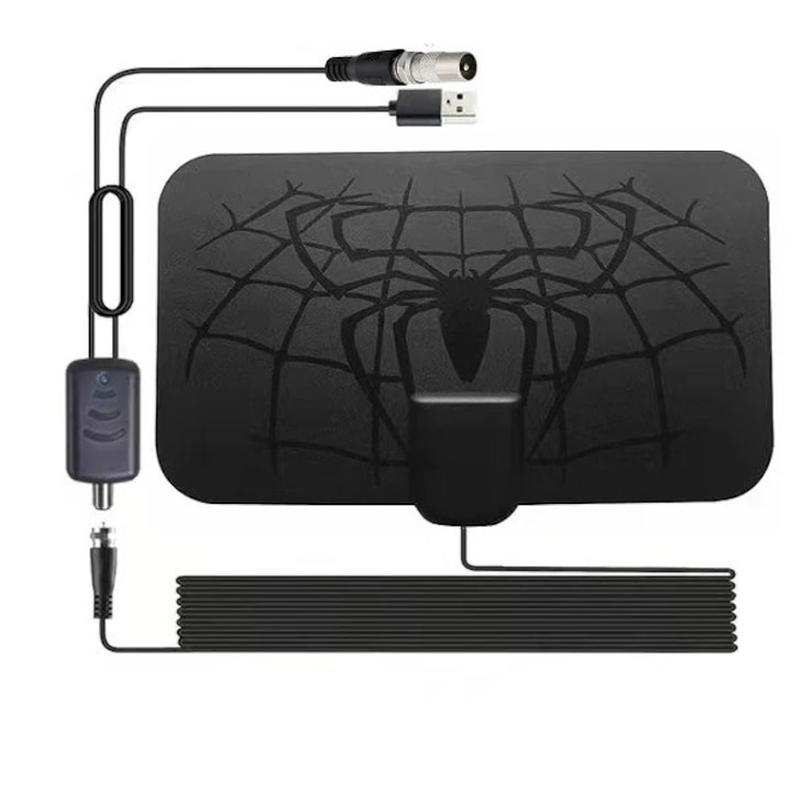 Antena TV digitala, cu amplificator, DVB-T, Full HD, 1080P / 4K, 2400 km, universala, neagra