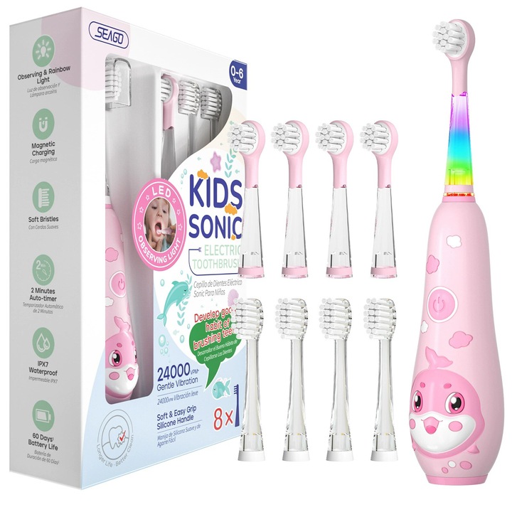 Set periute de dinti electrice Seago, 8 capete de perie, roz, durata lunga a bateriei