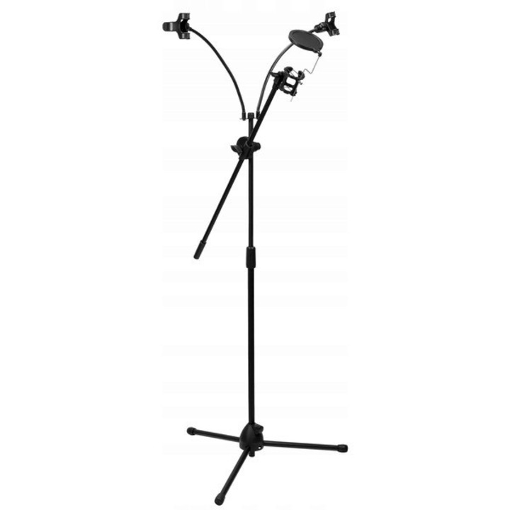 Mikrofonállvány, MusicMate MM-A65, popszűrővel, mobiltartóval, fekete, 80x140cm