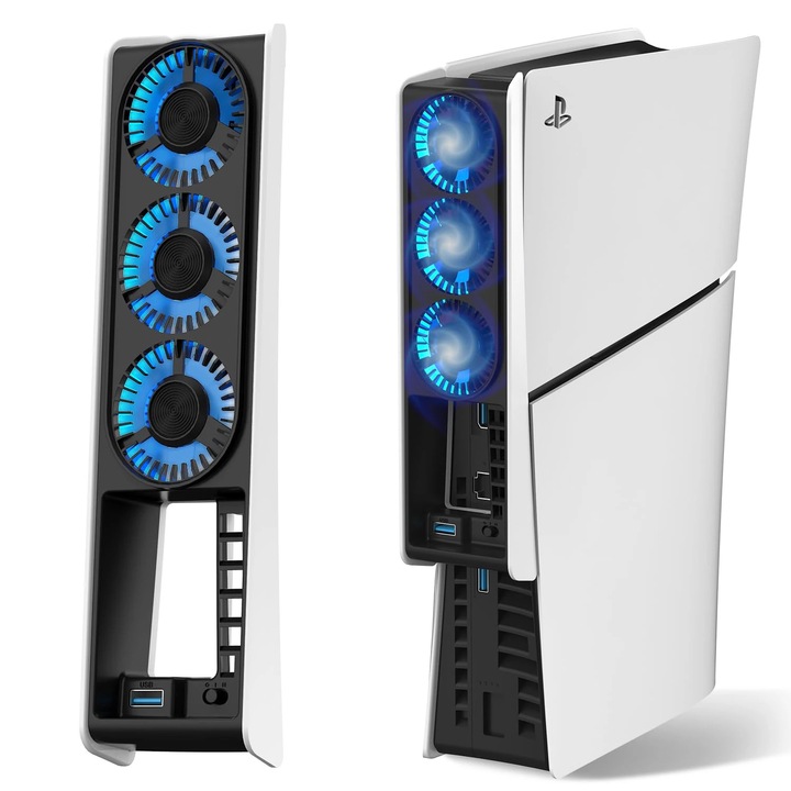 PS5 Slim hűtőventilátor, 3 ventilátor, automatikus hőmérséklet-szabályozás, USB, fehér