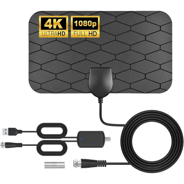 Antena TV digitala, cu amplificator, DVB-T, Full HD, 1080P / 4K, 4800 km, universala, neagra