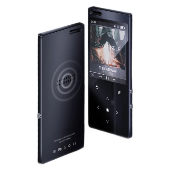 Player MP3 cu ecran tactil, 64GB, suport casti/speaker Bluetooth, functie de inregistrare vocala, citire E-book, audio HiFi, video AMV, radio FM, negru