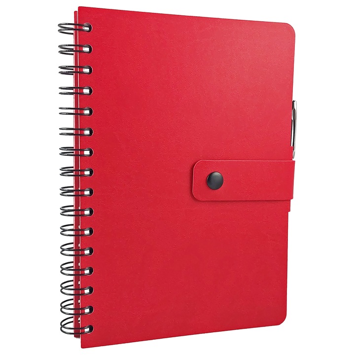 Agenda 2026, format A5, 15 x 21 cm, 336 pagini, cu coperta flexibila, din piele ecologica premium de culoare rosie, inchidere cu clapa, legata cu spira, cu pix si buzunar interior