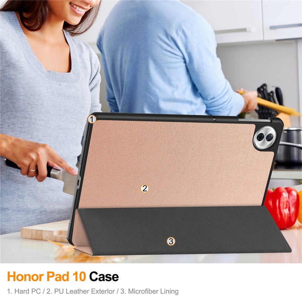 Husa tableta pentru Honor Pad 10, SKYDDAR INNOVATION, cu suport Multi-Unghi si functie Sleep/Wake, FoldPro, Roz, set cu sticker