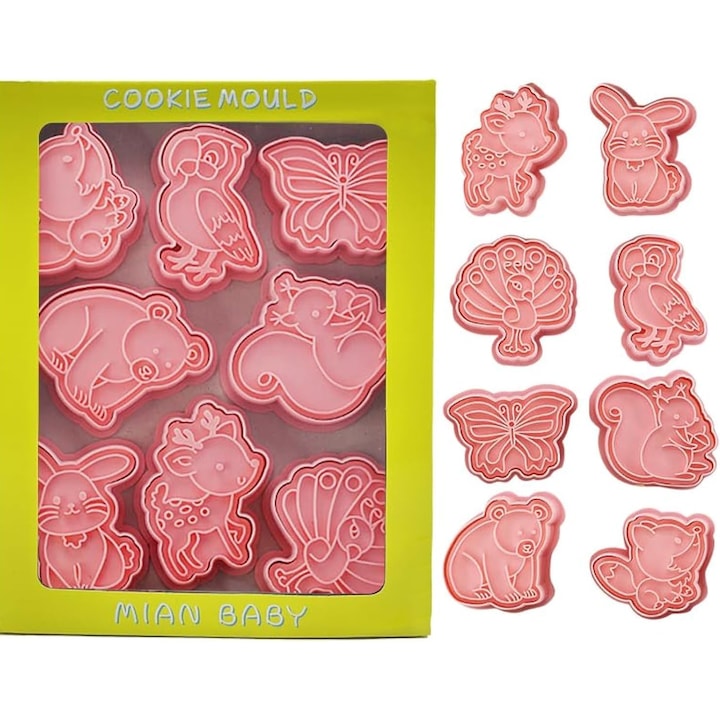 Комплект форми за бисквити със щампи с бутало Kengege®, 8 броя, 3D форми за релефни животни, бисквити, фондан, сирене, форми за кексчета