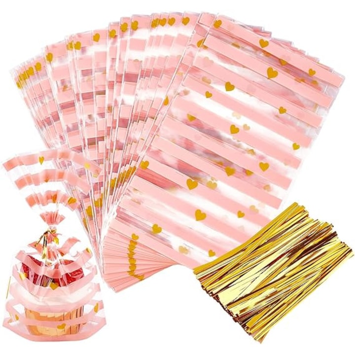 Pungi alimentare Kengege® set 100 buc, roz cu dungi, 13x21cm, cu legaturi aurii