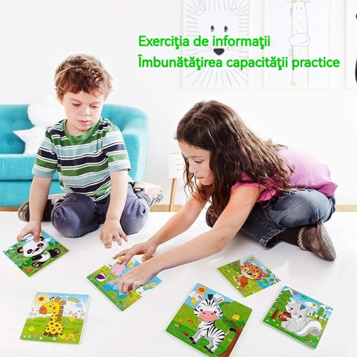 Set de 6 puzzle-uri din lemn pentru copii 2-5 ani, animale, 9 piese, Kengege®