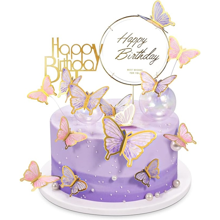 Set 22 bucati decoratiuni tort fluture cu topper acrilic "Happy Birthday", Kengege®, multicolor, dimensiuni variate 8.7x6.3cm, 6.8x4.8cm, 6.5x4.5cm, 5x3.6cm