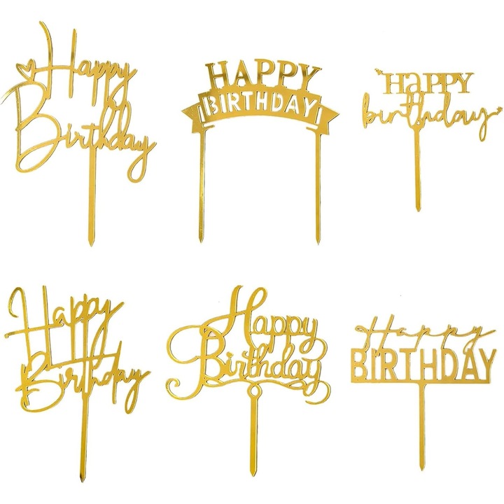 Set 6 Piese Accesorii Petrecere, Kengege®, Suporturi Tort "Happy Birthday", Acrilic, Aurii, 15.5x10cm